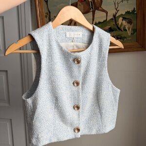 Zara Baby Blue Ivory Waistcoat Tweed Sleeveless Crop w Gold Buttons Vest NWT S